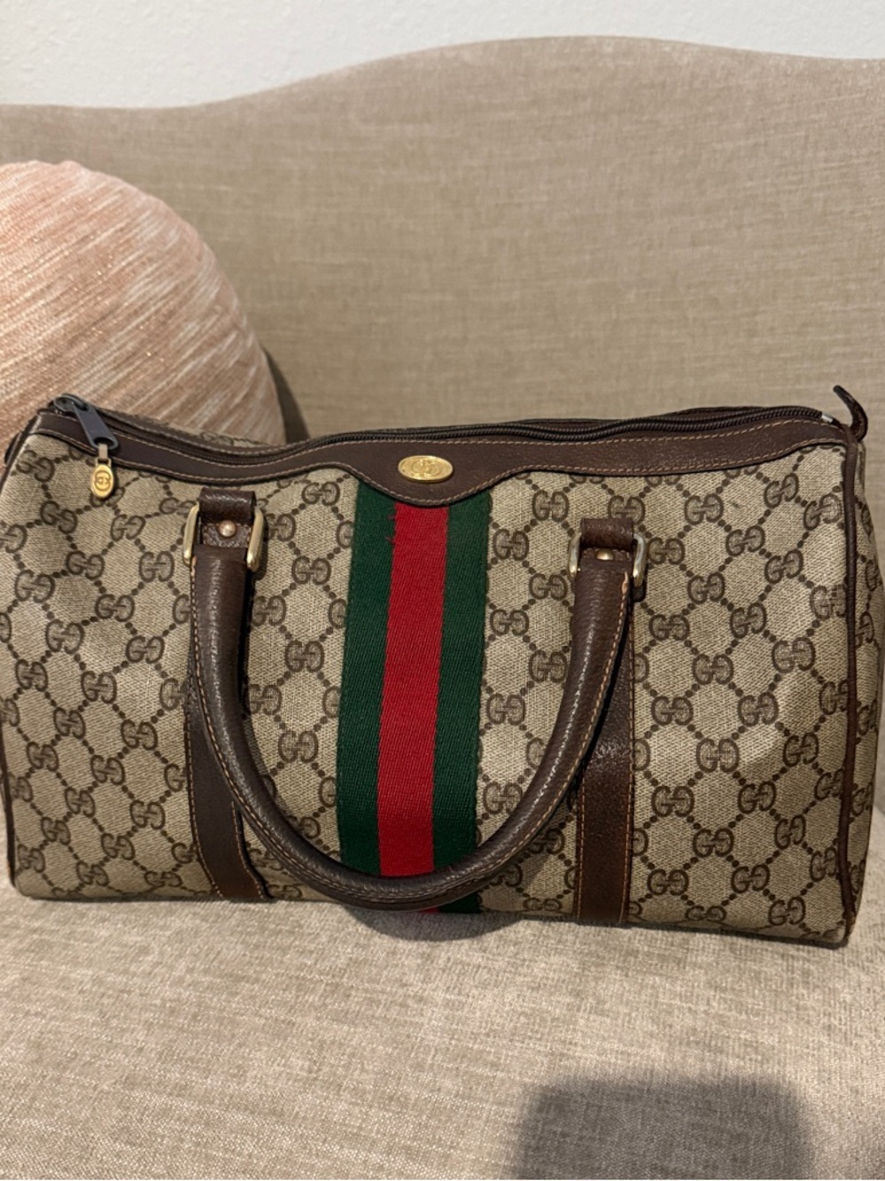 Gucci Beige Monogram Canvas boston Tote with Sherryline Red & Green Stripe